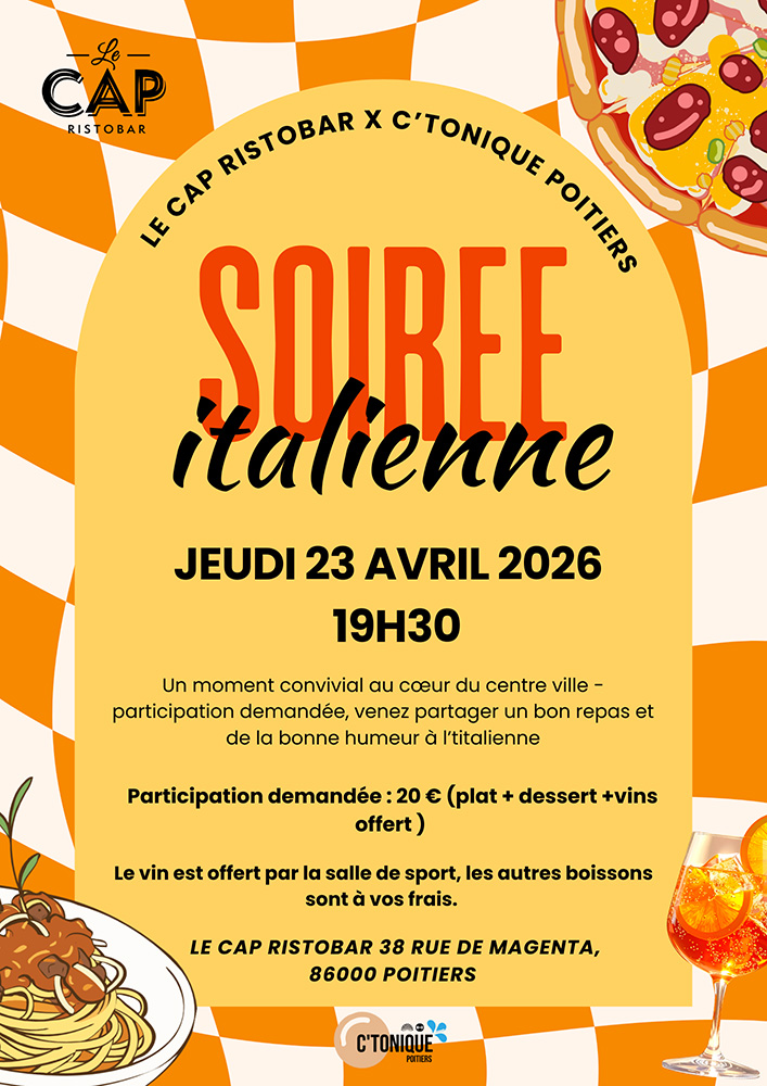 Soirée italienne C'Tonique le 23 avril 2026